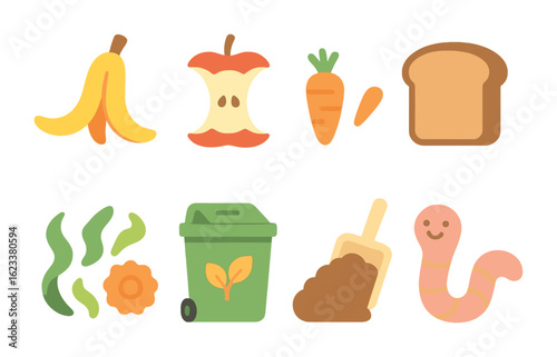 Food Scrap Sorting Fun. Flat vector mini-illustrations of sorting food scraps in colors children's