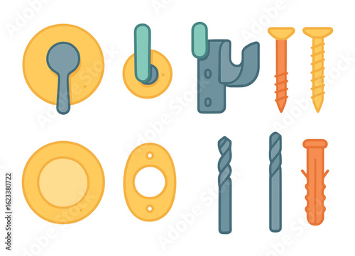 Colorful Bath Fixtures. Flat vector mini-illustrations of wall-mounted bath parts in colors children's