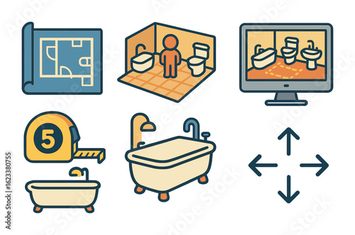 Children's Bathroom Blueprint. Flat vector mini-illustrations of bathroom layout planning in colors children's
