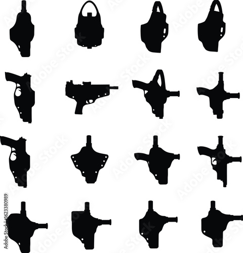 Gun Holster Vector Silhouette Set. A comprehensive collection of handgun and pistol holster designs for law enforcement, military, and security concepts.