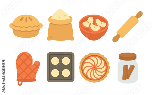 Apple Baking Essentials. Flat vector mini-illustrations Apple baking day in colors children's illustrations: