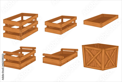 Wooden Boxes isolated on white. Empty wooden box illustration. Farm, storage, delivery. Boxes for storage. Harvest and agriculture concept. Farmers market. Organic packaging. Wooden crates