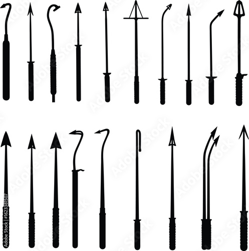 Harpoon and Spear Gun Vector Illustration Set. A comprehensive collection of hunting and fishing weapon silhouettes for marine, adventure, and diving concepts.