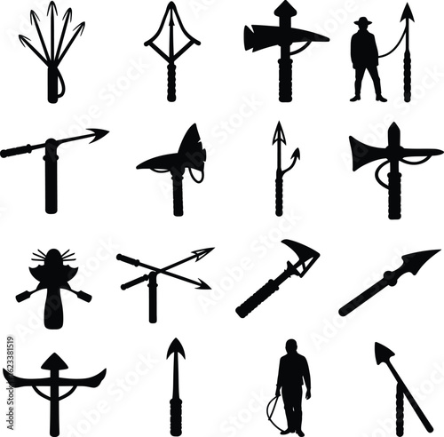 Harpoon and Spear Gun Vector Illustration Set. A comprehensive collection of hunting and fishing weapon silhouettes for marine, adventure, and diving concepts.