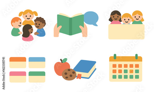 Kids Book Club Icons. Flat vector mini-illustrations book club for kids in colors children's illustrations: