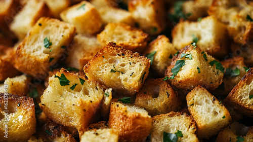 Close-up of golden garlic herb croutons for culinary inspiration and savory snacking