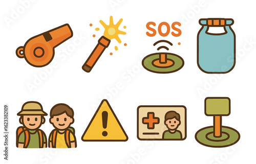 Trekking Safety Icons. Flat vector mini-illustrations safety while trekking in colors children's illustrations