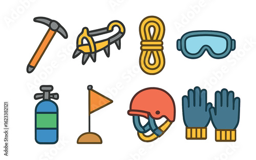 Kids Mountaineering Tools. Flat vector mini-illustrations mountaineering tools in colors children's