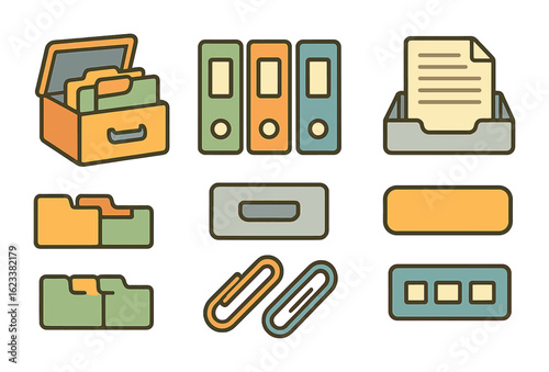 Kids' Filing Icons. Flat vector mini-illustrations filing documents in a filing cabinet in colors children's