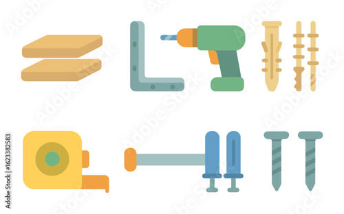 Closet Shelf Installation Icons. Flat vector mini-illustrations installing shelves in a closet in colors