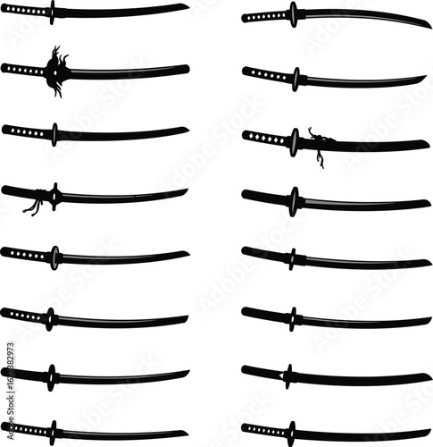 Katana Sword Vector Silhouette Illustration Set. A comprehensive collection of Japanese samurai sword designs for martial arts, history, and culture concepts.