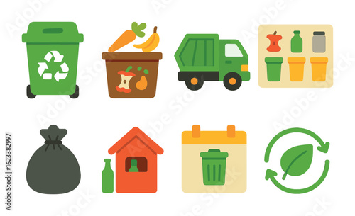 Kids' Waste Management Icons. Flat vector mini-illustrations waste management in colors children's