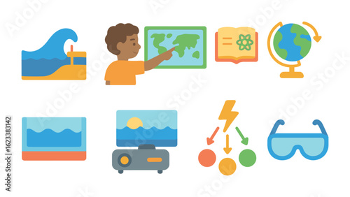 Energy Science Classroom. Flat vector mini-illustrations energy science classroom in colors children's