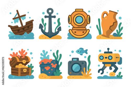 Underwater Archaeological Discoveries. Flat vector mini-illustrations underwater archeological finds in colors