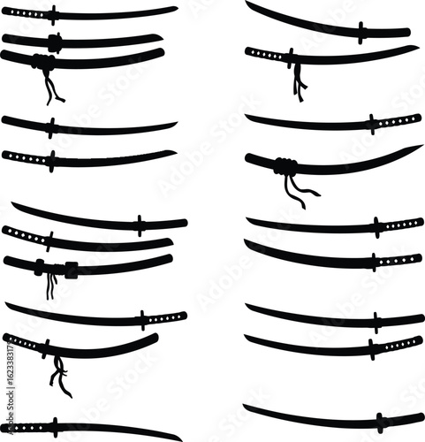 Katana Sword Vector Silhouette Illustration Set. A comprehensive collection of Japanese samurai sword designs for martial arts, history, and culture concepts.