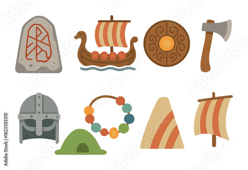 Viking Treasures for Kids. Flat vector mini-illustrations Viking archeological finds in colors children's