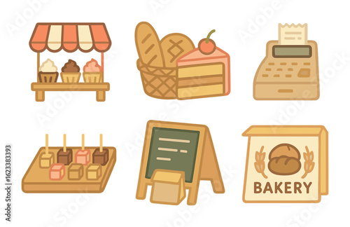 Charming Bakery Icons. Flat vector mini-illustrations local bakery market setup in colors children's