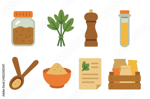 Spices and Herbs Icons. Flat vector mini-illustrations spice and herb market stand in colors children's