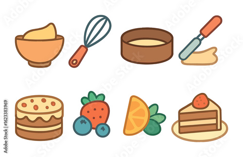 Children's Dessert Icons. Flat vector mini-illustrations traditional family dessert making in colors