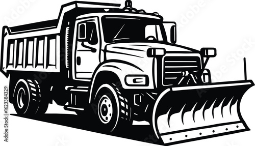 Black and White Vector Icon of a Heavy-Duty Dump Truck with a Snow Plow