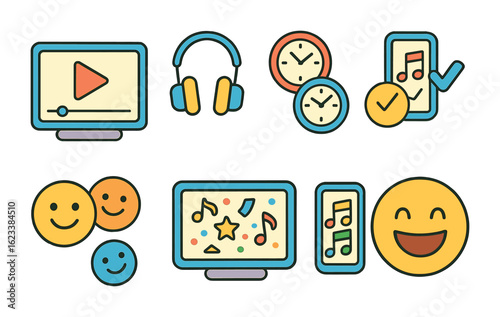 Shared Digital Joys. Flat vector mini-illustrations shared digital moments in colors children's illustrations: