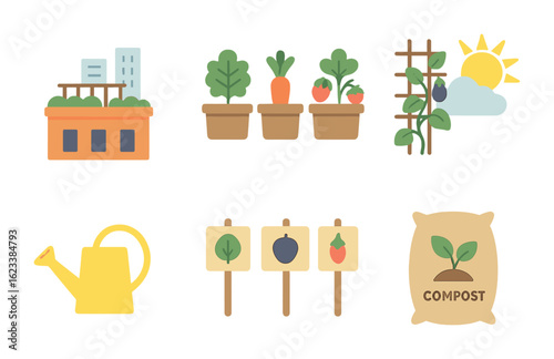 Rooftop Garden Icons. Flat vector mini-illustrations rooftop gardening with superfoods in colors children's