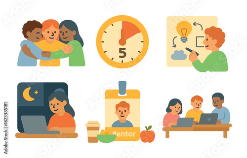 Startup Weekend Icons. Flat vector mini-illustrations startup weekend scenes in colors children's