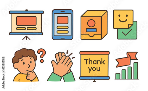 Colorful Demo Illustrations. Flat vector mini-illustrations product demo to investors in colors children's