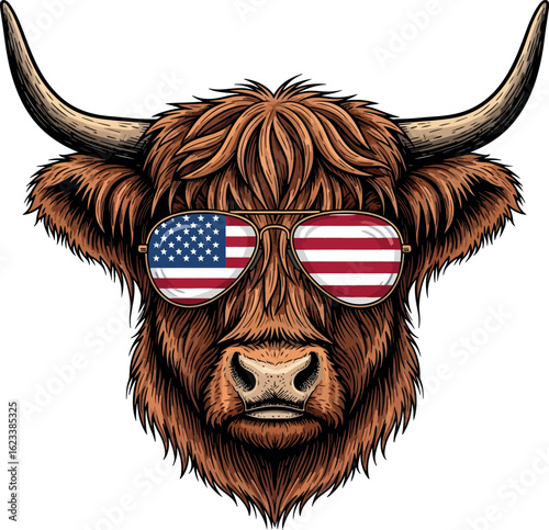 Highland Cow with American Flag Sunglasses Illustration.
