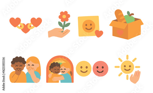 Children's Kindness Icons. Flat vector mini-illustrations kindness chain in colors children's illustrations: