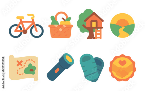 Friendship Adventure Icons. Flat vector mini-illustrations friendship adventures in colors children's