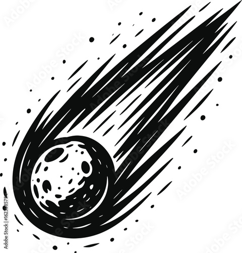 Black and White Vector Icon of a Comet or Meteoroid with Fiery Tail