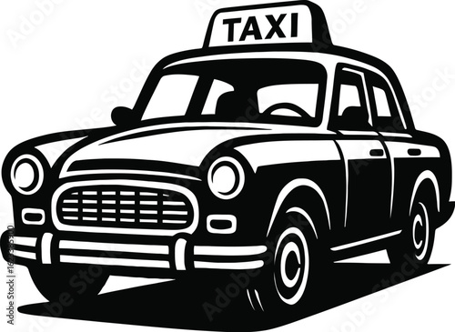 Black and White Vector Icon of a Classic Vintage Taxi Cab with a Roof Sign