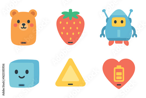Colorful Power Bank Icons. Flat vector mini-illustrations creative shapes of power banks in colors children's