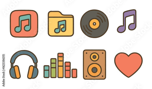 Music Icons for Kids. Flat vector mini-illustrations music streaming services in colors children's