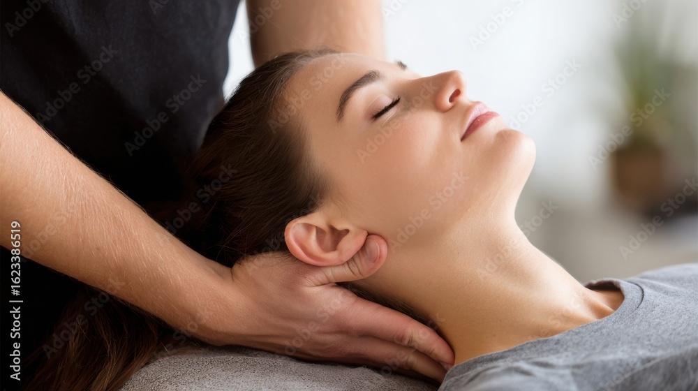 Woman receiving a relaxing neck massage in a calm spa environment during day Woman receiving a relaxing neck massage in a calm spa environment during day