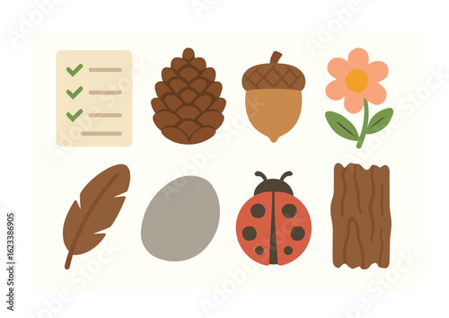 Nature Scavenger Hunt. Flat vector mini-illustrations nature scavenger hunt in colors children's illustrations