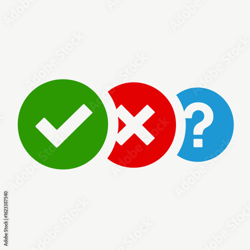 Green Check Mark Red X and Blue Question Mark Icons in a Row Conceptual Illustration
