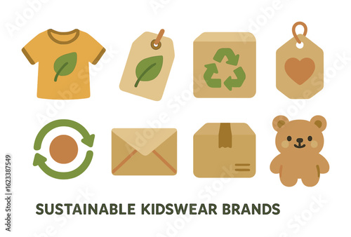 Eco Kidswear Icons. Flat vector mini-illustrations sustainable kidswear brands in colors children's