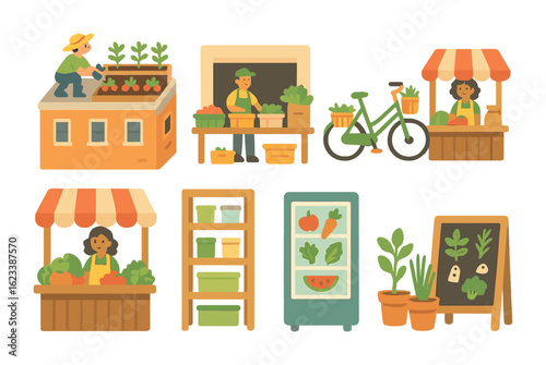 Urban Food Hub Icons. Flat vector mini-illustrations urban food hubs in colors children's illustrations: