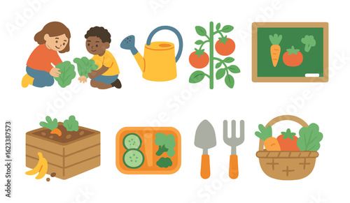 Children's Garden Harvest. Flat vector mini-illustrations school garden harvest programs in colors children's