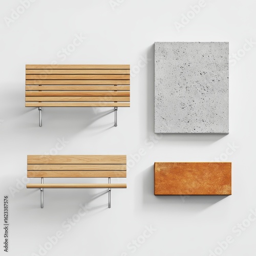 Modern wooden park benches and concrete and brick blocks arranged on a white background, top view