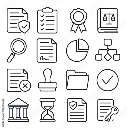 Legal and business outline icons set with document, scale, and badge symbols