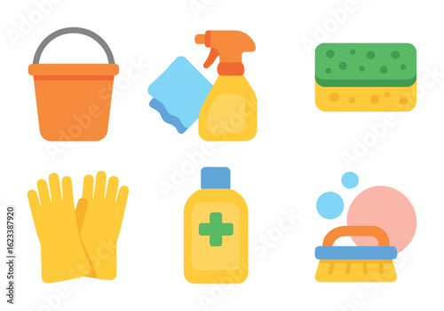 Colorful Cleaning Supplies. Flat vector mini-illustrations cleaning supplies in colors children's