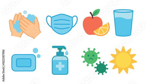 Health Essentials Icons. Flat vector mini-illustrations preventing illness in colors children's illustrations: