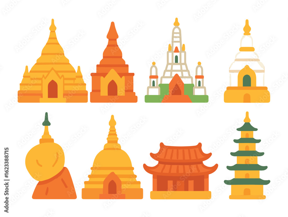 Obraz premium Colorful Pagoda Icons. Flat vector mini-illustrations famous Buddhist pagodas in colors children's
