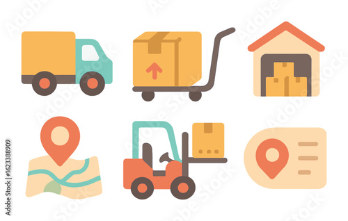 Logistics Icons Grid. Flat vector mini-illustrations logistics and delivery in colors children's illustrations