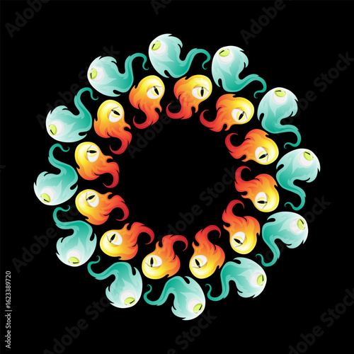 Fantasy vector illustration of whimsical creatures called Belolders with glowing eyes and vibrant fiery and icy colors. The elements are arranged in a perfect circular frame on a black background.