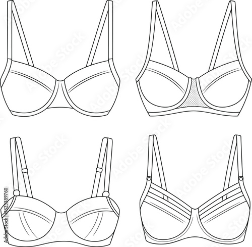 Technical fashion flat sketch of a women's strappy cutout bra with lace details, a lingerie design template vector illustration for apparel production