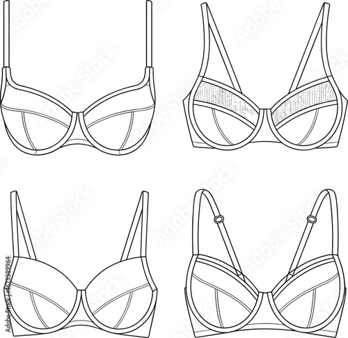 Technical fashion flat sketch of a women's strappy cutout bra with lace details, a lingerie design template vector illustration for apparel production